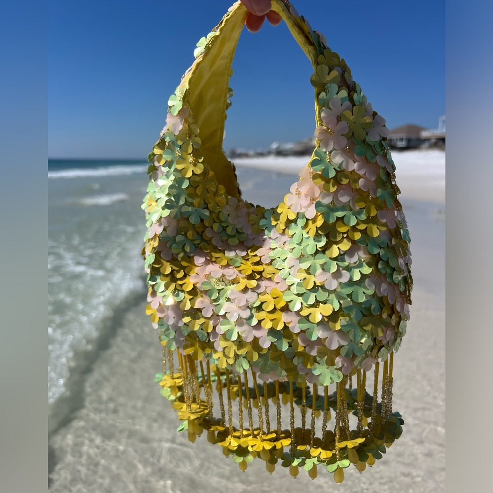 VIRAL Floral Beaded Bag with Pastel Dimentional Flowers Handbag, NWT